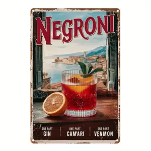 Vintage Negroni Wall Art Sign - 8x12 Inch Retro Bartender Decor with Negroni Recipe Citrus & Venetian Scenery - Durable Aluminum Bar Sign for home, Cafe, Office - Easy Install with Pre-Drilled Holes