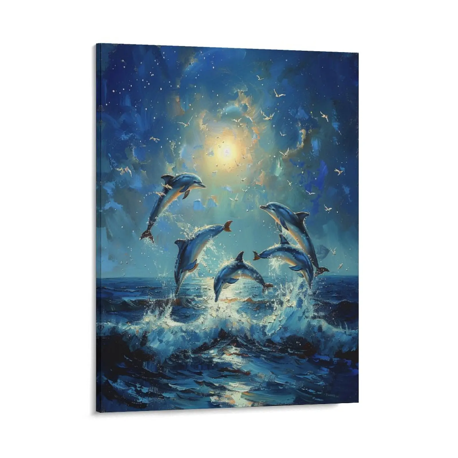 Cute Dolphin Posters Wall Art Prints Fantasy Ocean Animal Night Full Moon Canvas Posters Home Wall Art Family Bedroom Office Decor Aesthetic Festival Gift