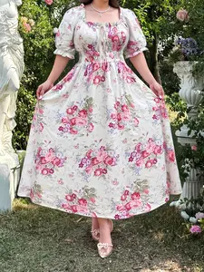 Women's Plus Size Spring Summer Fashion Casual Printed Elegant Dress, Short Sleeve Loose-Fitting Midi Dress, Tie Front Design