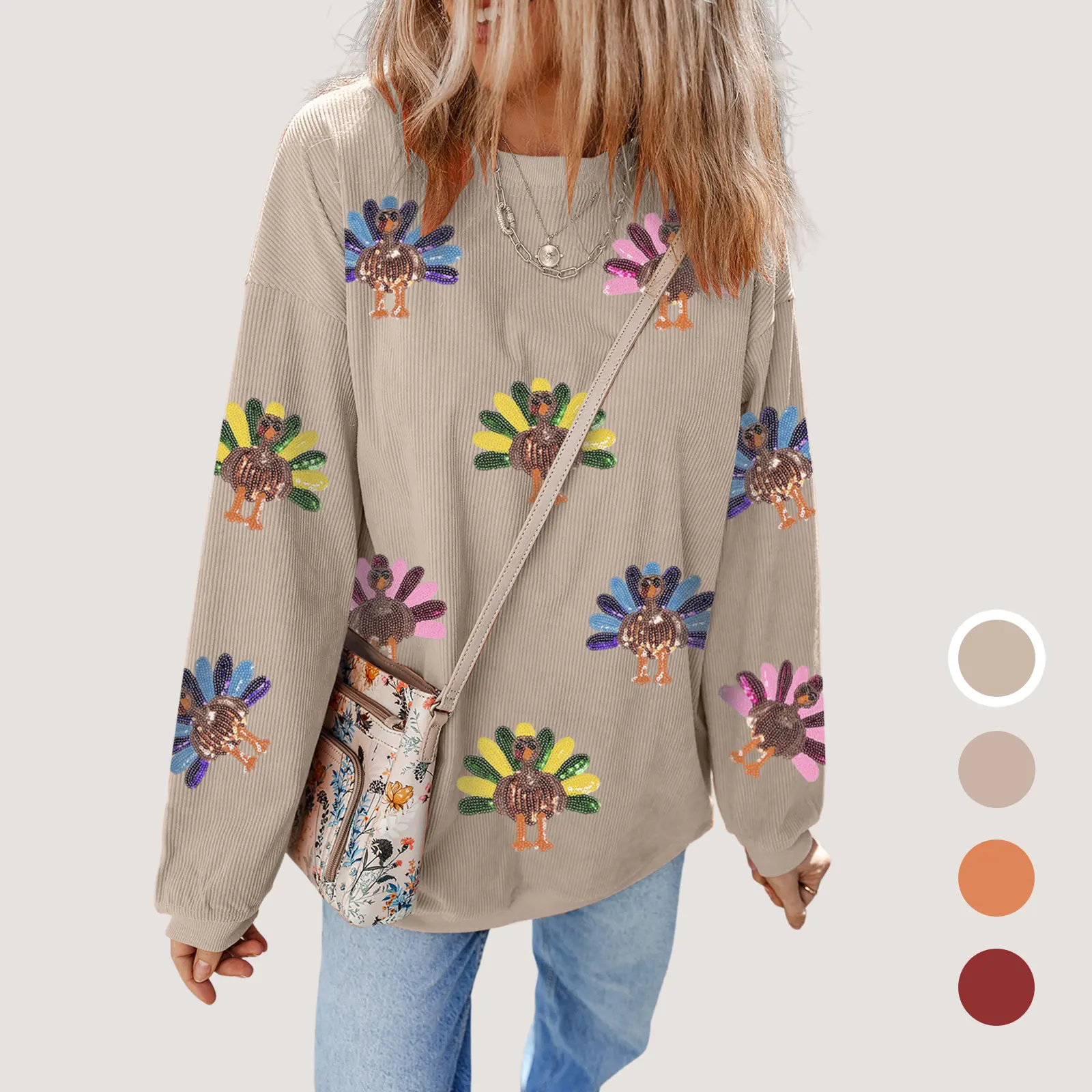 S-3XL Baggy Corded Fabric Top with Sparkly Sequin Turkey Graphic and Drop Shoulders Tops, Women's Casual Fashion Hoodie, Long Sleeve Tops, Thanksgiving , Lady, Polyester, Sequins, Longsleeves, Pullover Top Womenswear