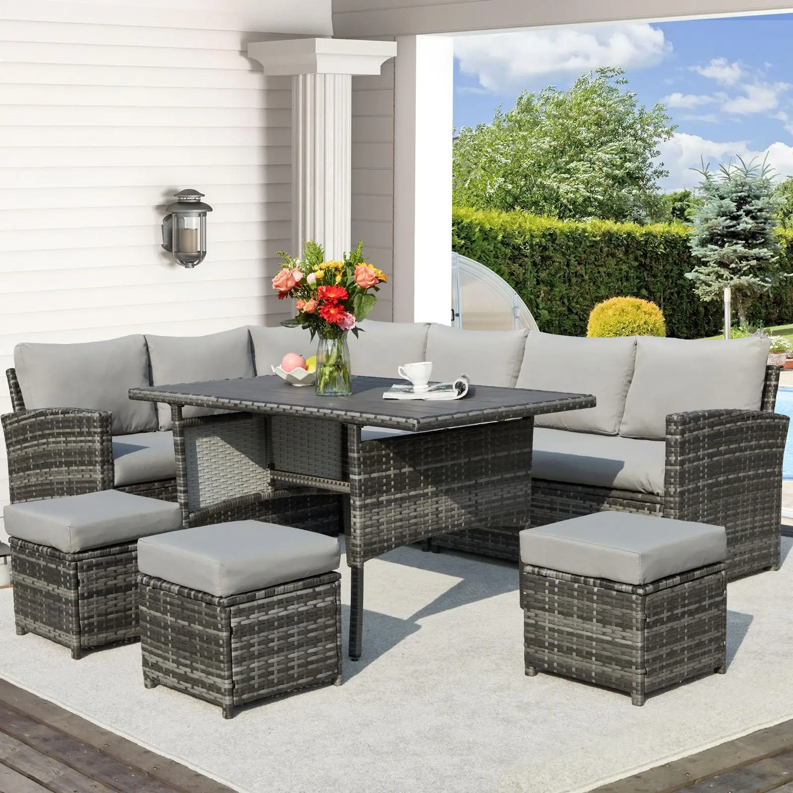 AECOJOY Patio Furniture 7 Pieces Outdoor Durable Sectional Sofa Set with Cushions, Rattan Weather-Resistant Design Corner Loveseat Armrest Loveseat