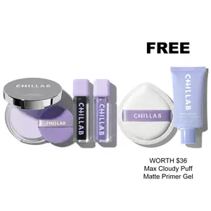 Chillab 5-piece Face and Lip Beauty Set Lavender Matte Powder with Magic Black and Lilac Plumping Lip Oils Matte Primer Gel and Max Cloudy Puff