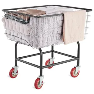 Wire Laundry Cart, 2.8Bushel Wire Laundry Basket with Wheels, 26.7''x21.7''x26.4'' Commercial Wire Laundry Basket Cart, Steel Frame with Chrome Finish, 4" Casters, Wire Basket Cart for Laundry