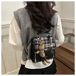 Vintage Plaid Backpack Purse for Women with Cute Bunny Charm, Style Mini Daypack with Top Handle,Travel Bag ﻿(with accessories)