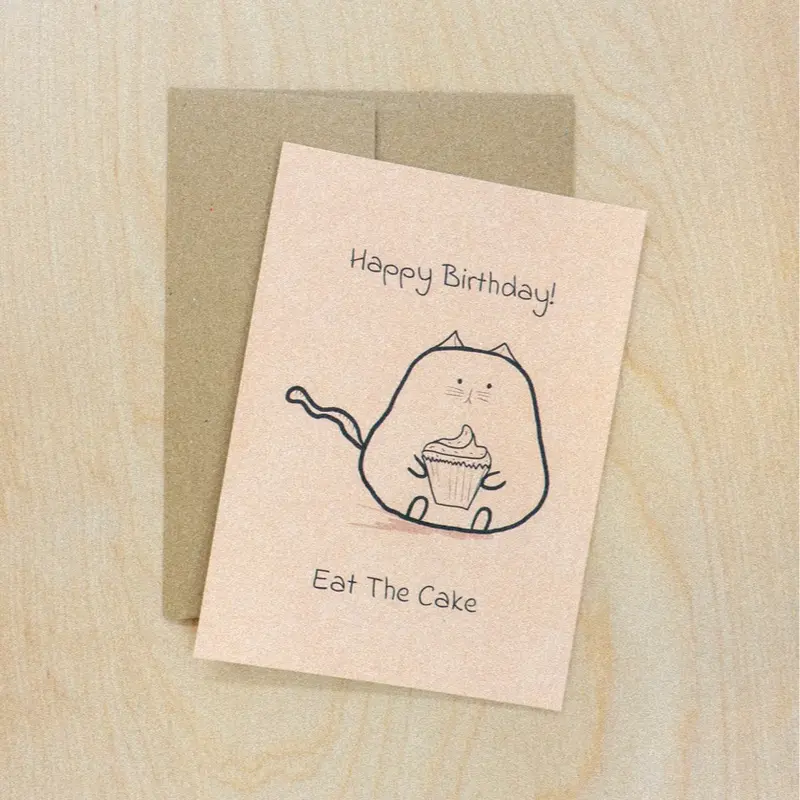 Happy Birthday Cat Greeting Card - Eat The Cake!