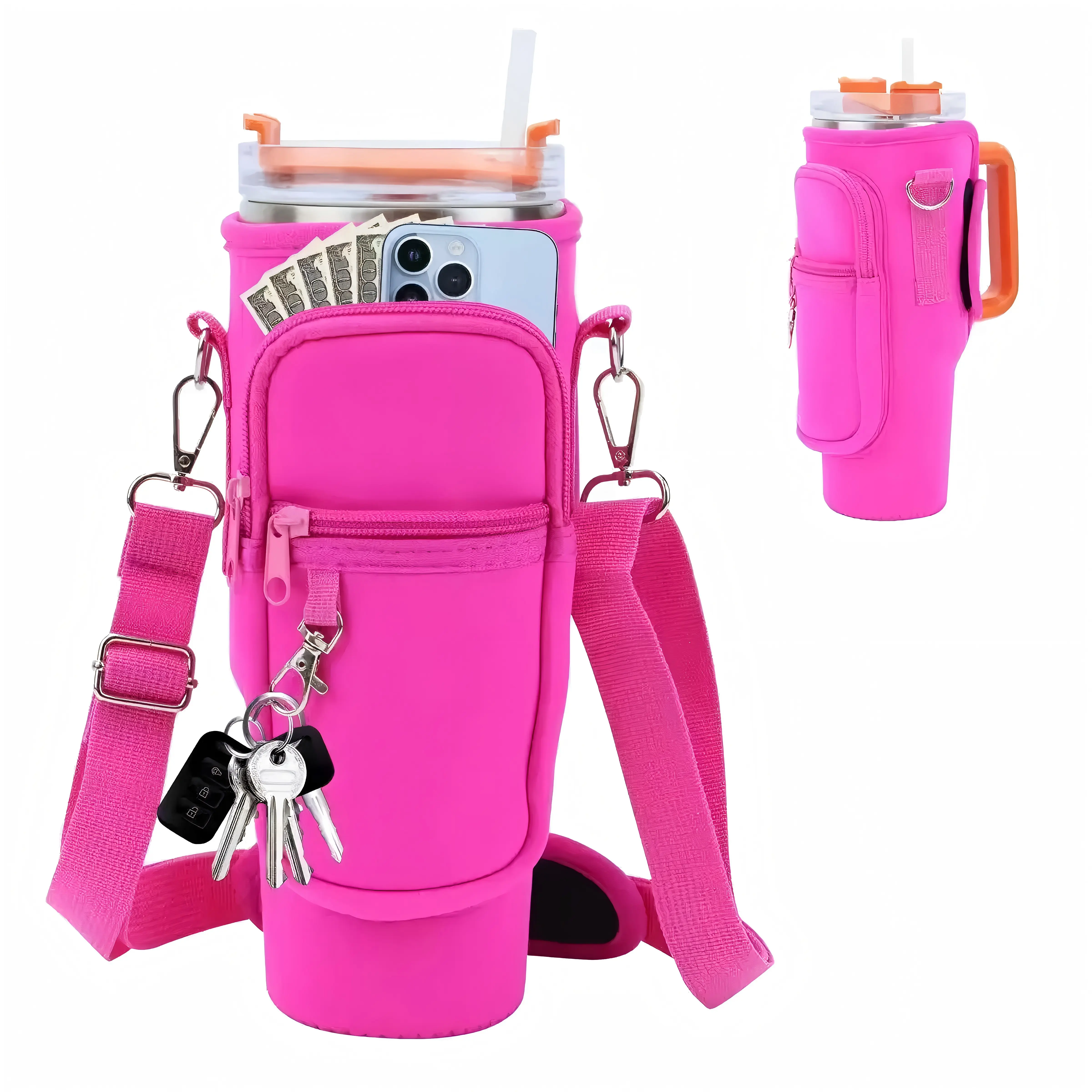 Water Bottle Carrier Bag with Phone Pocket for Stanley 40oz Tumbler， Neoprene Water Bottle Holder Pouch with Adjustable Strap Stanley Cup Accessories, Lightweight  Drinkware-Holder for Travel, Hiking, Gym & Summer Activities