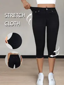 Women's High Waisted Capri Cropped Pants, Slim Fit Stretchy Denim Capris, Button & Pocket Details, Comfortable Casual Summer Wear