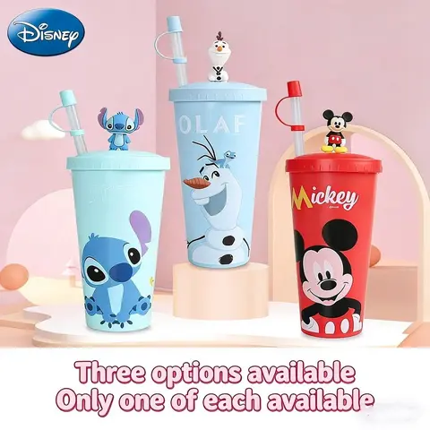 Disney Officially Licensed 640ML Cold Drink Cup Includes Straw, Portable Drinkware, Reusable Water Bottle With Straw, Stitch Mickey Olaf Design, Perfect for Car Travel, Ideal Gift for Birthdays & Holidays