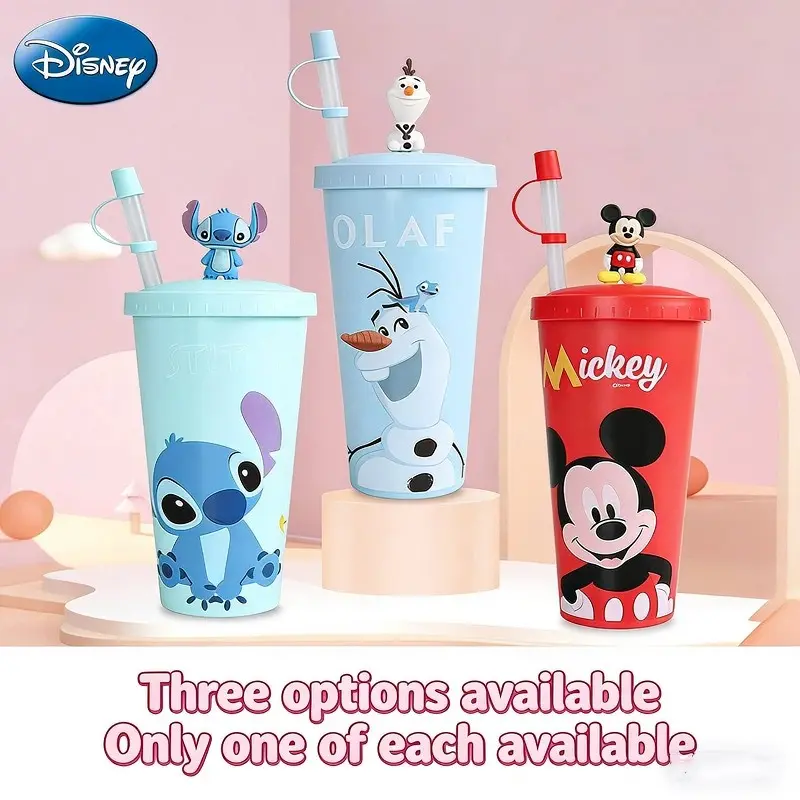 Disney Officially Licensed 640ML Cold Drink Cup Includes Straw, Portable Drinkware, Reusable Water Bottle, Stitch Mickey Olaf Design, Perfect for Car Travel, Ideal Gift for Birthdays & Holidays