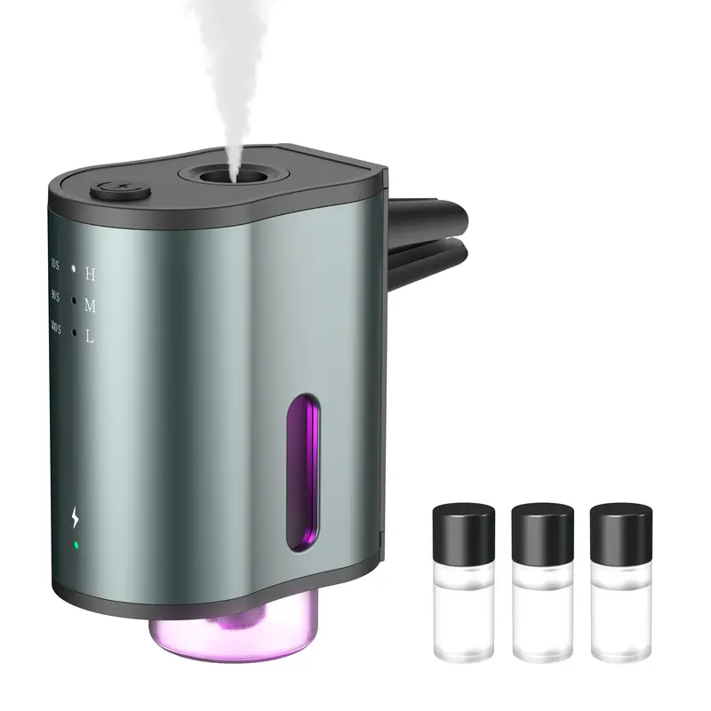 Minimalist Rechargeable Car Fragrance Set - Upgraded Smart 360° Aroma Diffuser, Portable Waterless Aromatherapy Device, 3 Scent Levels, Adjustable Spray Frequency, Charging Indicator Lights, 3×10ml Natural Essential Oils, 180mAh Aluminum Alloy Battery