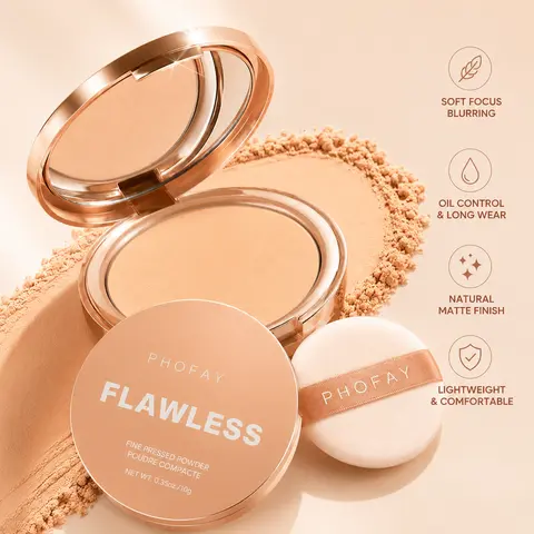 PHOFAY Matte Finish Pressed Powder Compact - Flawless Base Makeup Setting Powder, Oil-Absorbent, Pore-Minimising, Smooth, Lightweight, Long-Lasting, Portable, T-Zone Shine Control for Oily Skin, Makeup Touch-Ups