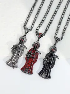 Santa Muerte Chain Link Necklace, 24in Long Figaro Chain, Spirit Guardian Diamond Scythe Design Jewelry, Mexico-Inspired Anniversary Holiday Gift, Chain Link Necklaces