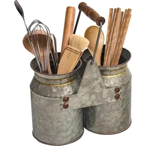 Set of 2 Rustic Galvanized Utensil Holders with Handles, Farmhouse Kitchen Crocks for Spoons, Forks & Knives, Countertop Organizer Buckets for Rustic Farmhouse Decor, 8"x4"x6.75"