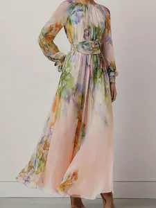 Spring Autumn Chiffon Elegant Women's Dress Without Elasticity, Stylish Floral Design, Perfect for Casual and Formal Occasions