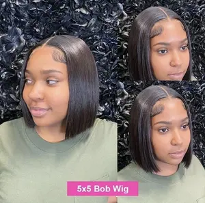 GIESWY HAIR  Supernova Silky Straight Ready Go Glueless Bob Wigs Pre Cut 5x5 Lace Closure Wigs