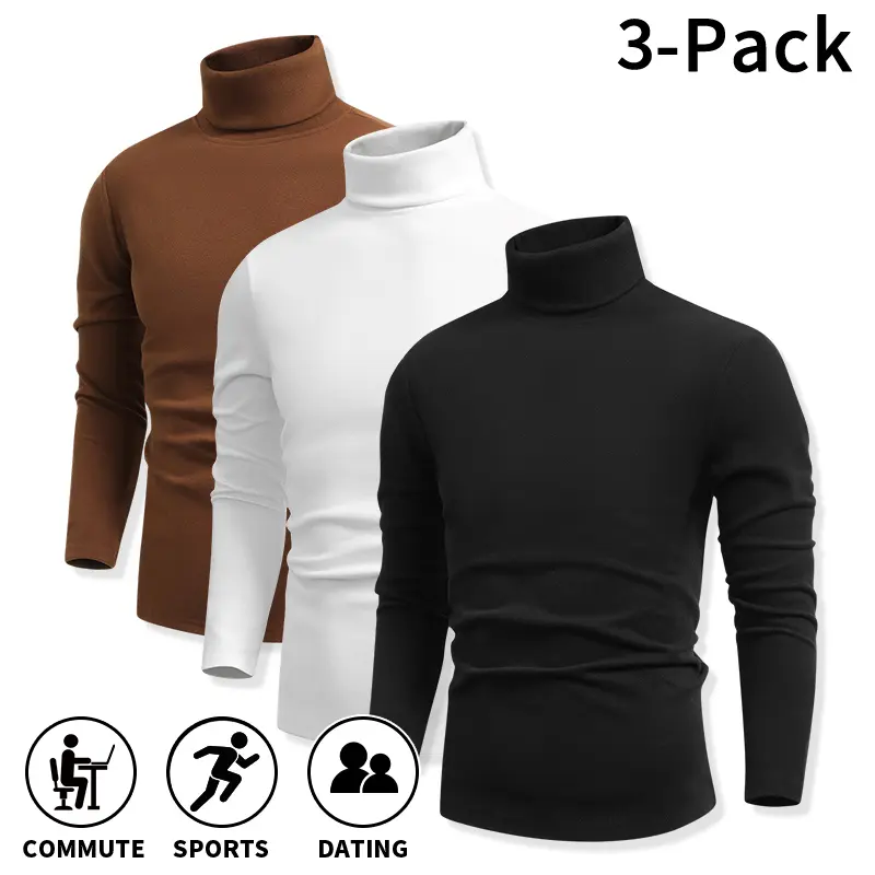 Men’s turtleneck tops available in 3-pack or 1-pack sets for autumn and winter; breathable, slim-fit long-sleeve thermal base layers, soft solid-color basic turtleneck T-shirts, ideal for sports, fitness, and everyday outfits