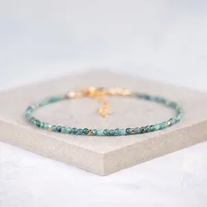 Natural Blue Crystal Bracelet 2mm Tiny Stone Dainty Bracelet Delicate Faceted Gemstone Beaded Bracelet Anklet Minimalist Style for Women Handmade Valentine's Day Gift