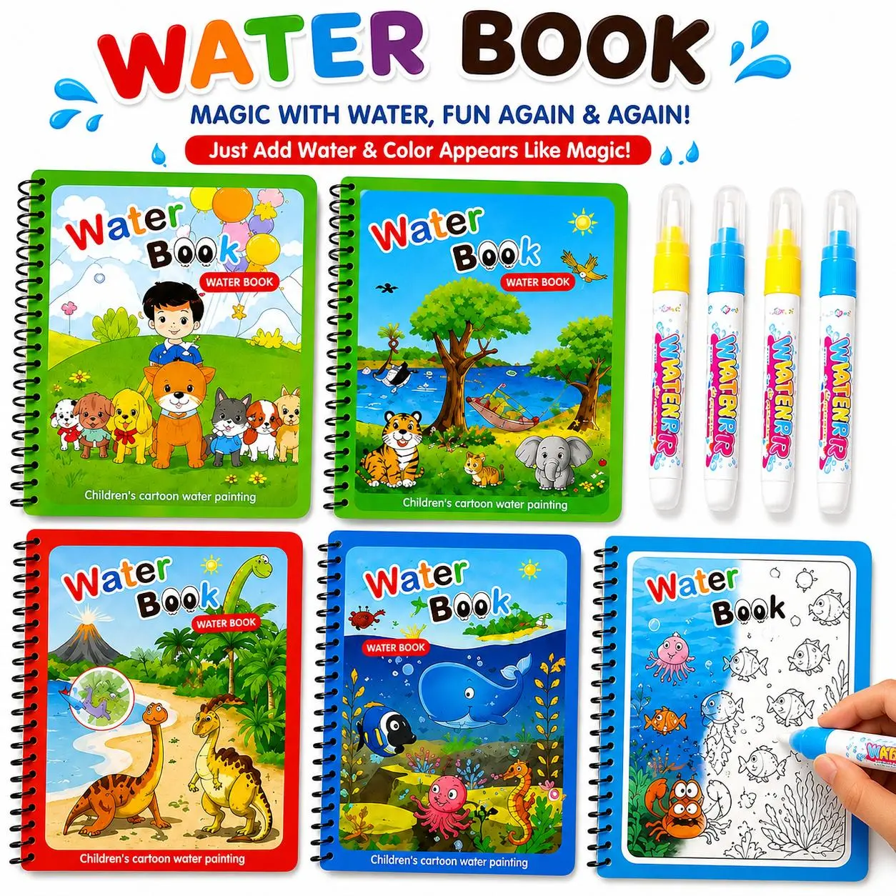 Kids Reusable Magic Water Coloring Book - Child-Friendly Design, Cartoon-Themed Pages, Refillable Water Pens, Color-Reveal Pages, Travel-Friendly Spiral Notebook for Preschool Learning, Toddler Easter/Holiday Gifts