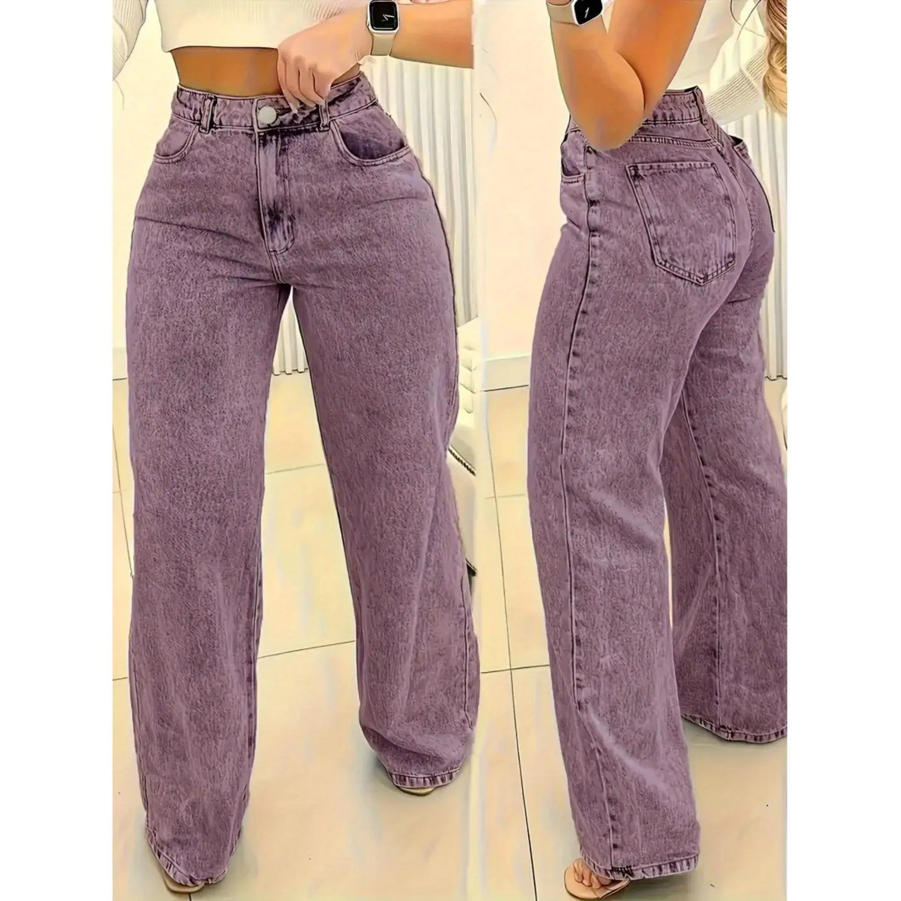 Women's Plus Size Stretch Jeans - Non-See-Through Purple Pants with Elastic Waist & Straight Leg Fit, Machine Washable Nine-Tenths Length for Everyday & Formal Outfits - Curvy Friendly Jeans for Women, Comfortable Fashion, Flattering Silhouette