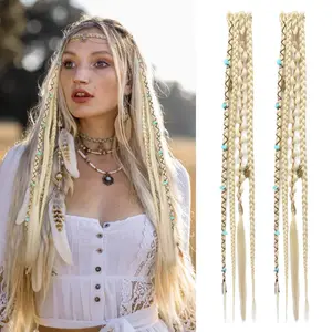 Bohemian Viking Braids Hair Extensions | Clip-In Dreadlock Braids | Brown Blonde Synthetic Braided Hair Pieces for Women