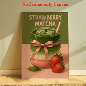 1 PC, wall art, vintage poster, strawberry matcha print, matcha latte art print, matcha latte poster, Japanese tea coffee print, kitchen wall art, Japanese, fashion wallpaper, bedroom decoration, living room decoration, unframed
