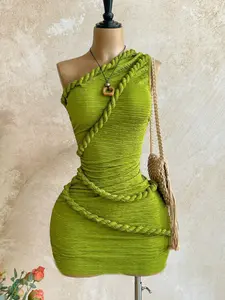 New Boho Style Bohemian Knot Shoulder Mini Dress, Summer Women's Vintage Holiday, Fitted Plain Design, Casual Fashion for Vacation, Bodycon, Casual Wear