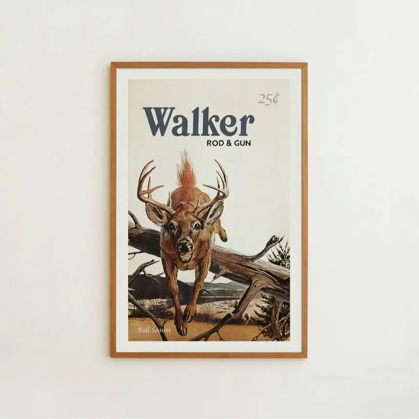 Stag Hunting Poster, Vintage Wildlife Art Print, Retro Fall Outdoors Illustration, Rustic Cabin Wall Decor Poster