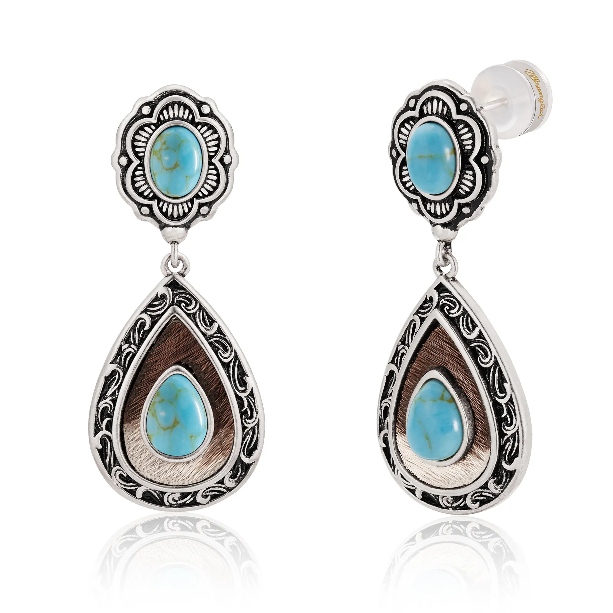 Wrangler Women's Vintage Western Earrings - Genuine Horsehair & Turquoise Gemstone Dangle, Cowboy Style, Hypoallergenic, Lightweight Comfortable Adults' Funky Unique Jewelry, Birthday Gift Choice, Drop Earrings