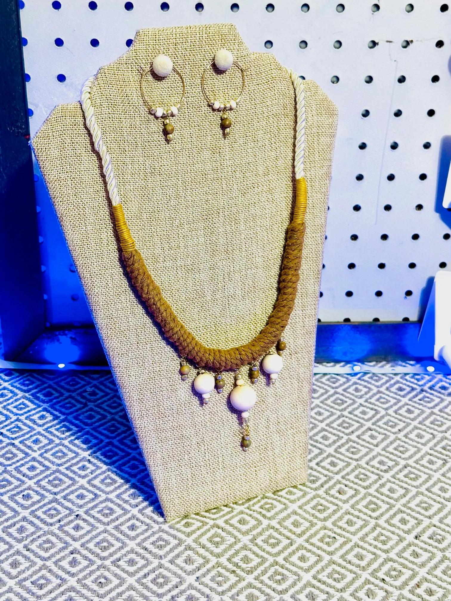 Statement Necklace and Earrings Set Artisan-made Embellished in Macrame and Beads