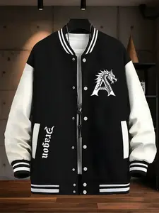 "Dragon Roar" Cool Baseball Jacket - Bold Dragon Pattern A-Line Embroidered Baseball Coat, Coat with pockets - Black and White Contrasting Patchwork Jacket - Unisex Street Hip-Hop Fashion Brand