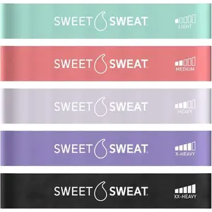 Sweet Sweat Mini Loop Resistance Bands - Set of 5 | Exercise Hip Booty Bands for Squats, Lunges, Physical Therapy, Yoga, Pilates, Rehab and Home Workout | Non-Latex Elastic Bands Includes Carry-Bag