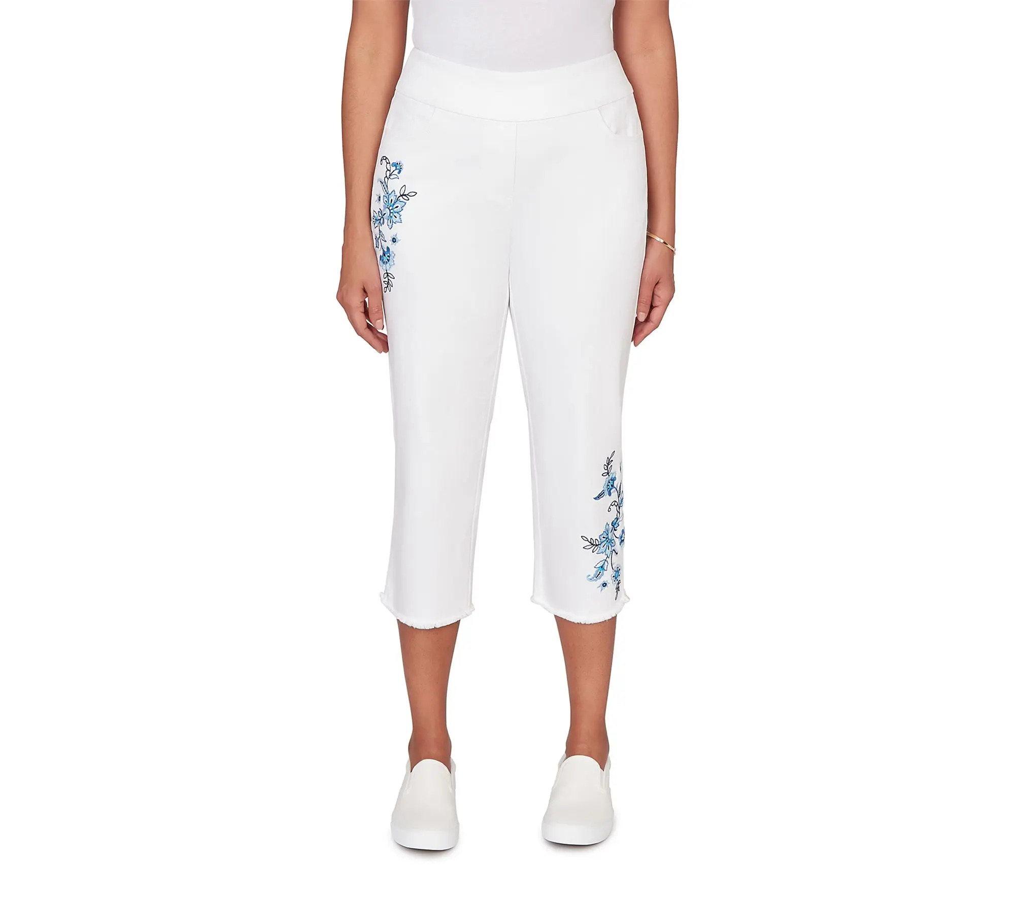Alfred Dunner Women's Embroidered Fringe Stretch Denim Capris