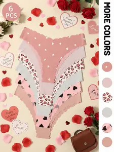 6 Pack Sweet Mini Heart Print Seamless Underwear, Ice Silk Comfortable Low Rise Triangle Soft Comfy Panties for Daily Commuting & Dates
