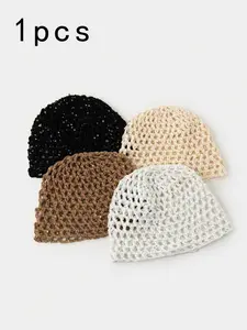Women's Fashion Solid Color Versatile Lace Sequin Crochet Hat, Knit Beanie Hat, Perfect for Spring Summer Fall, Stylish and Trendy Accessory