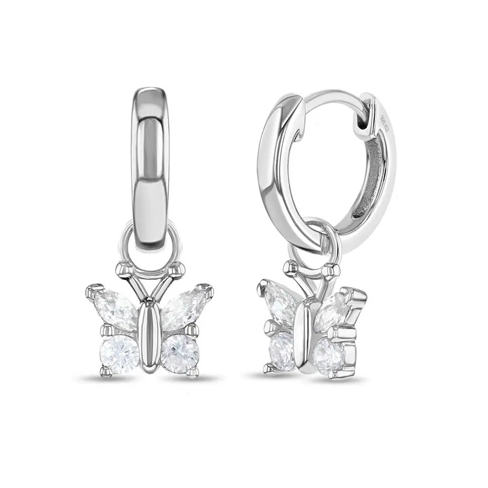 CZ Butterfly Dangle 9mm Kids / Children's / Girls Earrings Hoop/Huggie Safety Latch - Sterling Silver