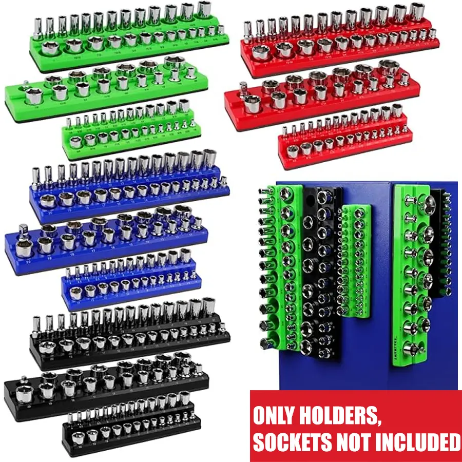 Magnetic Socket Organizer Set, 6Pcs Socket Holders, 1/2-inch, 3/8-inch, 1/4-inch Drive, Store 143 SAE & Metric Sockets, Red & Blue, Heavy Duty Tool Storage Organizer, Sockets NOT Included