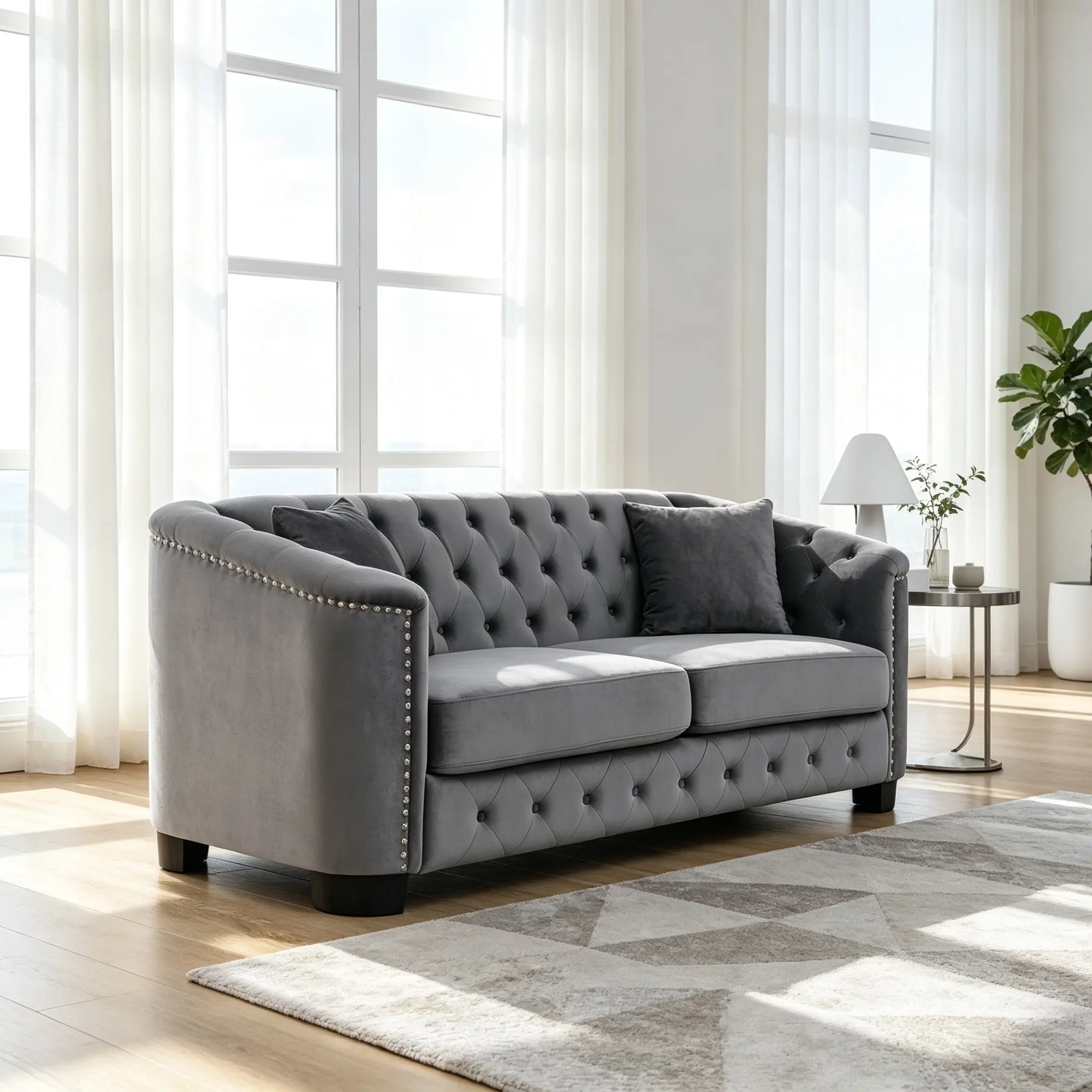 77 inch chesterfield velvet sofa, tufted 3 seater couch, nailhead rolled arm sofa, velvet sofa with throw cushions, modern vintage living room sofa, apartment home office couch
