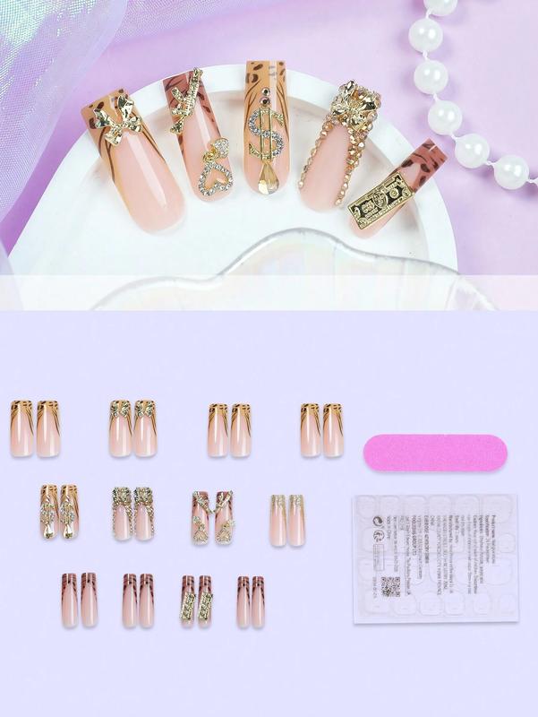 24pcs Y2K Style Pink Rectangle Press-On Nails, Leopard Print French Tip Design With Rhinestones, Hearts, Guns, Music Notes And Bows Decorations, High Gloss Full Coverage, Suitable For Women And Girls Daily Wear, Party And Date Manicure Set