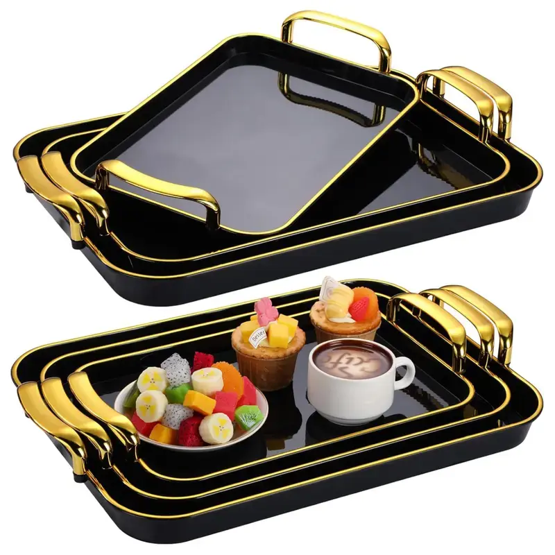3-Piece 1-Layer Rectangular High-Density Plastic Trays Set, Boxed KitchenAccessories with Stable Carry Grip Handles,Space-Saving Durable Home Organizer for PartyHosts, Flexible Stacking Varying Sizes forCountertop Food & Beverage Serving