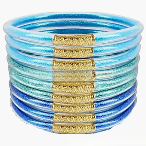 Nine Layer Silicone Tube Gold Powder Jelly Bangles Bracelet, Rainbow Sparkling Bracelet Set, Colorful Bracelet Accessories