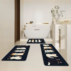 3-Piece Kitchen Carpet Set With Stripes And Cat Pattern,Perfect For Home Decoration,Easy To Clean,Suitable For Bedroom Kitchens,The Perfect Gift For Friends,Christmas Home Decor,Thanksgiving Gifts