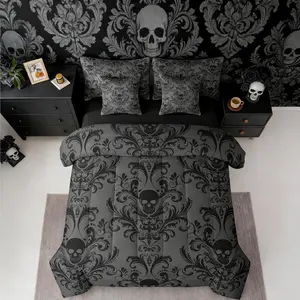 Gothic Damask 7 Piece Comforter Set Full Bed in a Bag,Sugar Skull Bedding Sets Black Grey Victorian Floral Goth Sheet Set with Comforter