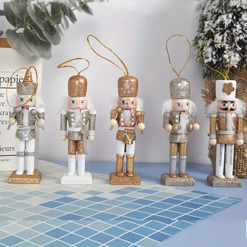 5pcs Rustic Golden Glitter Wooden Nutcracker Figurines Set - No Feather, No Power Needed Holiday Decoration, Christmas Tree Hanging Ornaments, Home Accents (Figurines & Miniatures)