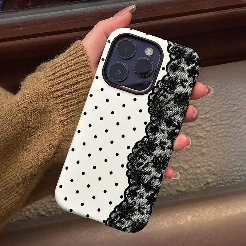 Black Polka Dot Lace Print Smartphone Case - Shockproof Rugged Dual-Layer Soft TPU Hard Bumper Shell for Handheld Cellphone Devices, MagSafe Magnetic Protection for iPhone 7 8 X XR 11 12 13 14 15 16 17 Pro Max Plus Air, Casing