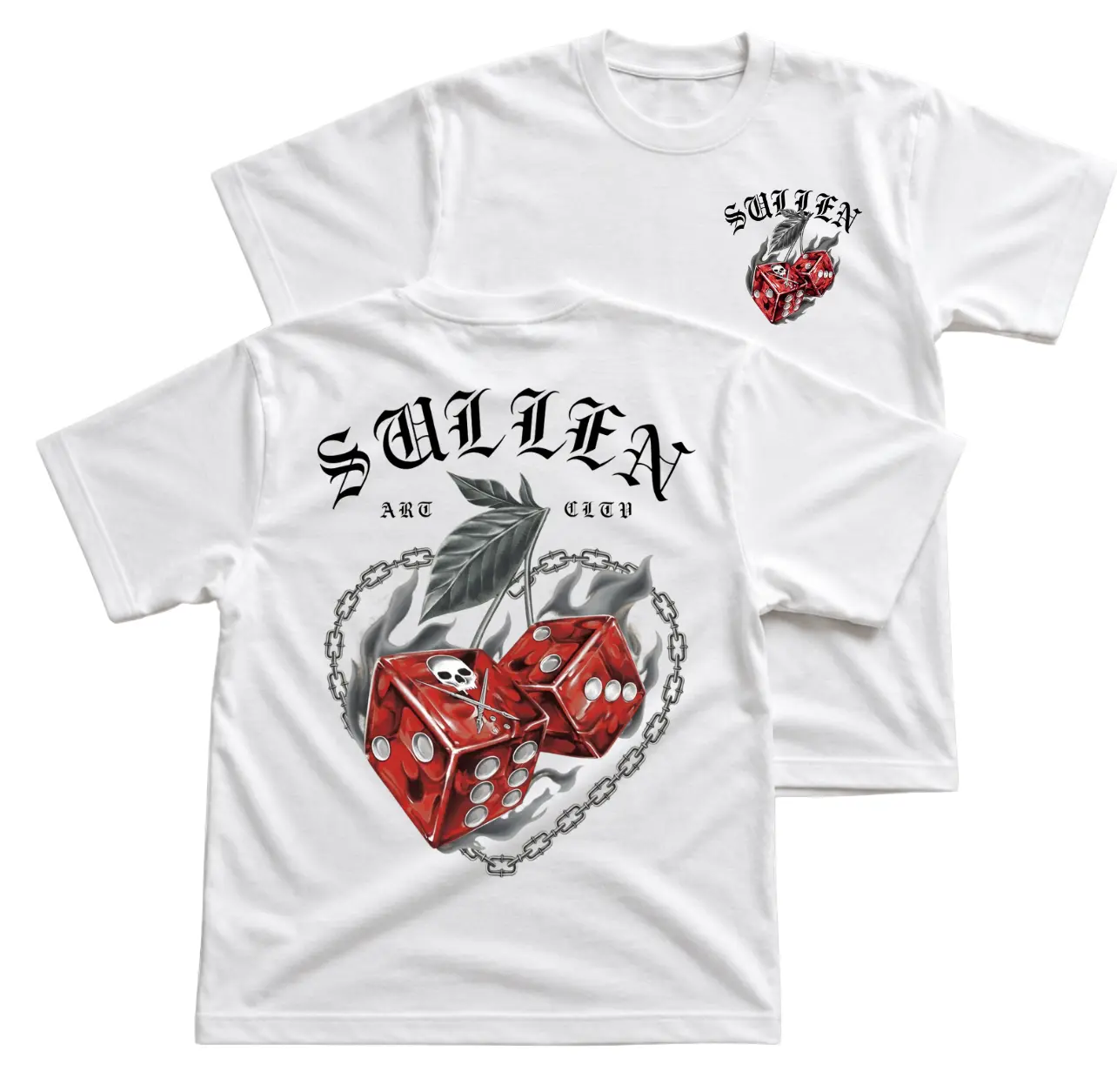 Sullen Red Dice Tattoo Style T-Shirt, Skull Dice Graphic Tee With Chain Back Print, Front Chest Sullen Logo Shirt, Bold Streetwear Biker Apparel Gift for Men