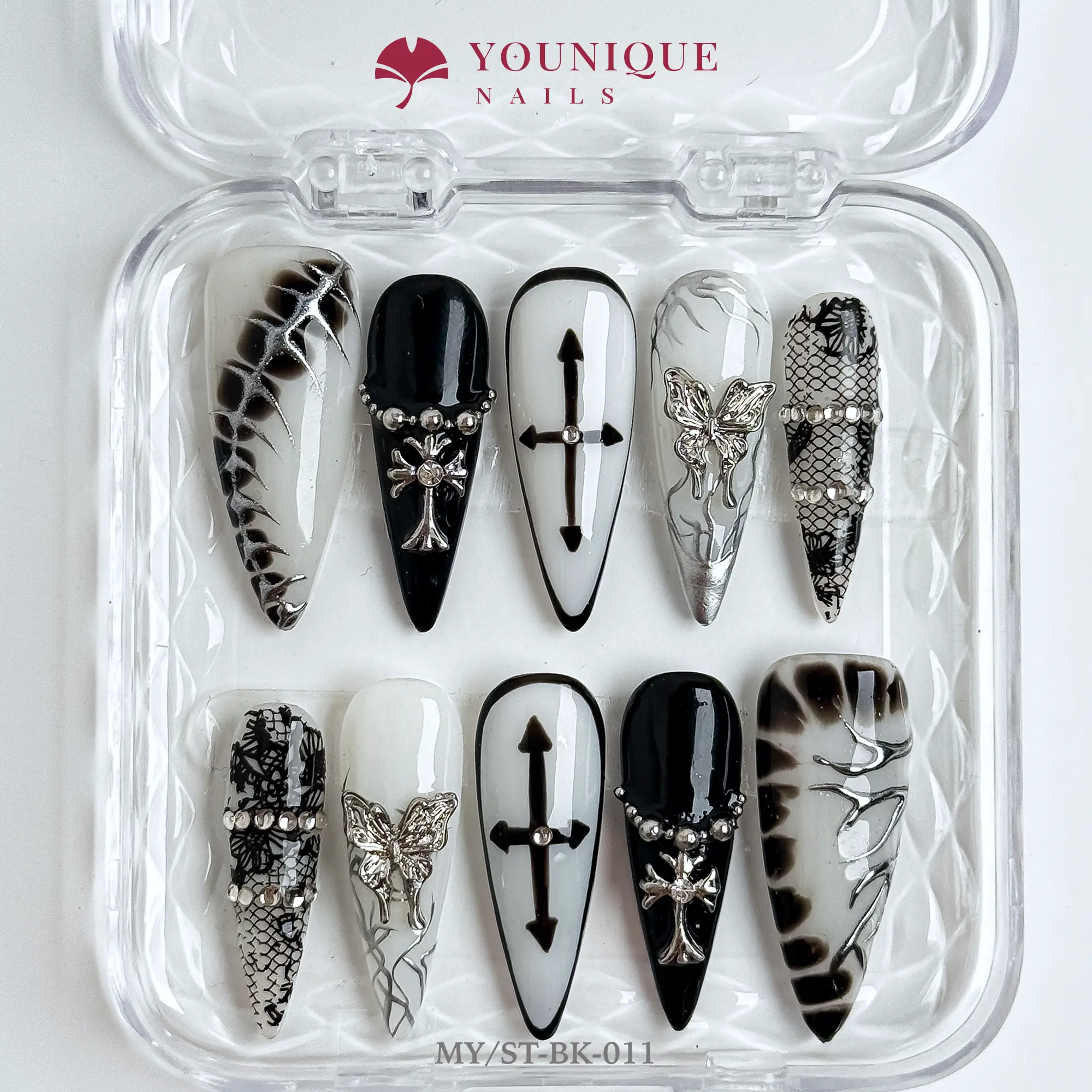 Younique Press-On Nails, 10PCS Multi-Pack 100% Handmade Reusable Acrylic Nails, Colorful Glossy 3D Floral Rhinestone Embellished Design, Long-Lasting Salon-Quality for Corporate Office Wear