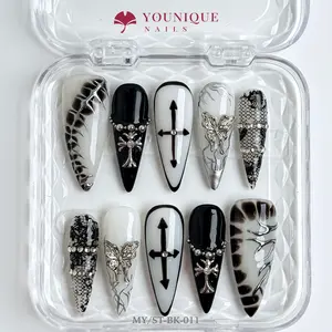 Younique Nails 2025 | MY Studio | Fallen Angel  | 10PCS 100% Handmade Press-On Nails | Reusable Colorful Art Glossy Design Acrylic Luxury Long Lasting 3D Stylish Office Wear Floral Embellished Rhinestone salon-quality