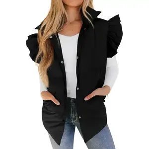 2025 Women's Puffer Vests Ruffle Sleeve Winter Button Down Padded Gilet with Pockets