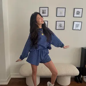 Dakota Striped Lounge Set - Cozy Blue and Navy Striped Long Sleeve Top and Shorts Set for Women