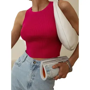 SBM New 2024 O-neck Ol Slim Ribber Sleeveless T Shirts Women Casual Crop Tops Sexy Girls Suspender Vest Summer Knitted